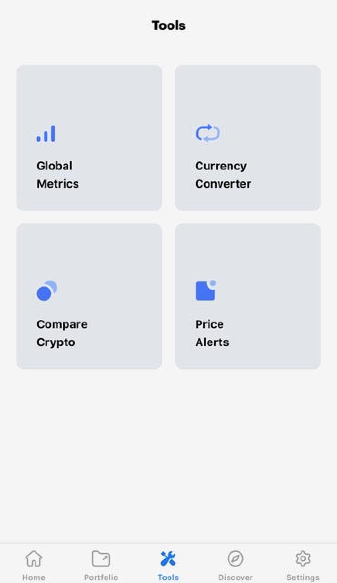 Tools fül a coinmarketcap applikációban. 